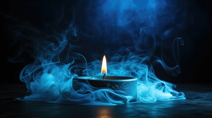 A serene image of a delicate blue candle, its extinguished tendrils of smoke wafting gracefully in the air. The thin wisps disperse, creating a fresh and peaceful atmosphere with a soothing aroma - obrazy, fototapety, plakaty