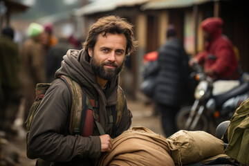 Fototapeta premium An international aid worker delivering food and supplies to a refugee camp, highlighting the need for humanitarian assistance in times of mass displacement. Generative Ai.