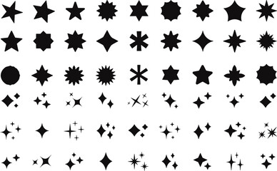 Sparkle Star Icon Set. Different forms of stars. Retro futuristic sparkle icons collection. Set of star shapes. Abstract cool shine effect sign vector design