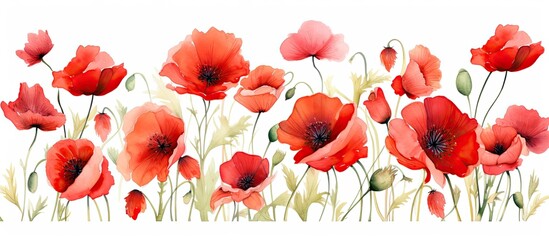 An illustration of red poppies painted with watercolors stands out against a white background resembling a wildflower artwork that captures the essence of spring