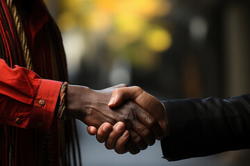 A historic handshake between leaders of a former colonial power and a newly independent nation, demonstrating diplomatic relations post-colonization. Generative Ai. - obrazy, fototapety, plakaty