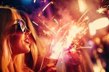 New Year's Revelry: Friends Light Up the Night with Sparklers in a Energetic Night Club, Ushering in Silvester with Laughter, Dancing, and Festive Delight
