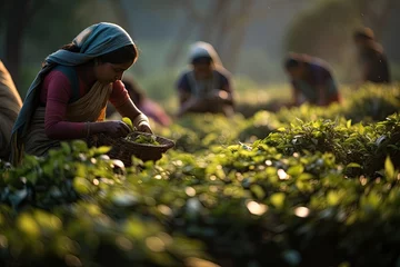 Fotobehang A scene from a tea plantation in Asia, with female tea pickers capturing the traditional culture of agricultural work. © Andrii Zastrozhnov