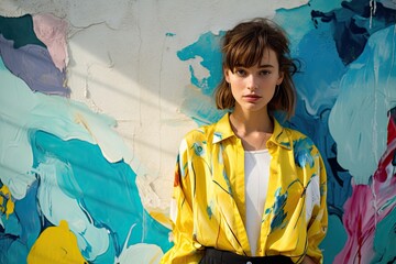 Obraz premium A stylish, elegant young woman in a modern city park, radiating beauty and carefree charm on a sunny day.