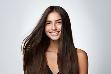 Fototapeta premium A cheerful young woman with a beautiful, curly hairstyle, exuding happiness and natural beauty.
