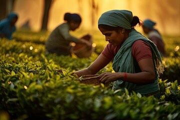People working on a lush, green tea plantation in Asia, showcasing the traditional agricultural practices in a beautiful landscape.