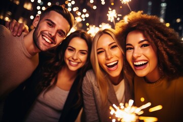Fototapeta premium Counting Down to Silvester: A Group of Friends Finds Joy in a Thriving Night Club, Sparklers Illuminating Smiles, Laughter, and the Excitement of a New Year