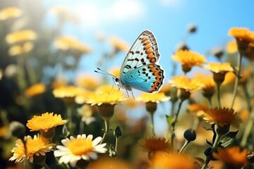 Obraz premium A beautiful butterfly flies over wildflowers. Generated by artificial intelligence