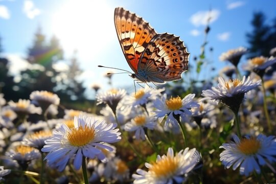 A beautiful butterfly flies over wildflowers. Generated by artificial intelligence