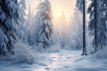 Gentle winter sunrise illuminating a dense snow covered forest of frosty pine and fir trees