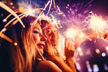 Naklejka premium Counting Down to Silvester: A Group of Friends Finds Joy in a Thriving Night Club, Sparklers Illuminating Smiles, Laughter, and the Excitement of a New Year