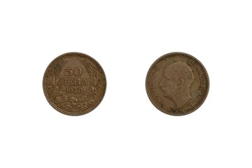 50 Leva 1940 Boris III. Coin of Bulgaria. Obverse Portrait left Boris III, Tsar of Bulgaria. Reverse Denomination above date within wreath