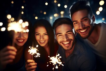 Fototapeta premium Festive Silvester Celebration: Friends Unite in a Night Club, Sparklers in Hand, Radiating Happiness, Laughter, and the Spirited Joy of Welcoming the New Year