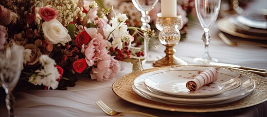At the wedding reception in the hotel you ll find sophisticated and exquisite silverware and dinnerware adorned with beautiful flowers - obrazy, fototapety, plakaty