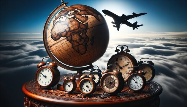 Detailed vintage globe made of polished wood on a carved table, surrounded by various alarm clocks representing different time zones. Antique world map globe and timepieces