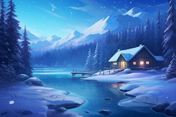 Winter landscape illustration with a wooden cabin by a creek in alpine pine forest - obrazy, fototapety, plakaty
