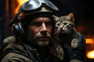 A firefighter rescuing a pet from a burning building, exemplifying the ethics of duty and care. Generative Ai.