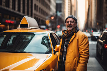A cheerful adult male taxi driver in the city, offering a stylish and happy travel experience.