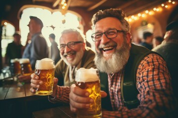 A cheerful group of friends in a pub, celebrating and enjoying their time with beer, toasts, and laughter.