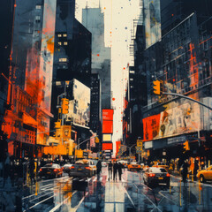 Bustling Cityscape with Risograph Effect