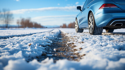 close up detail part of a car with tires in focus in a snowy winter landscape