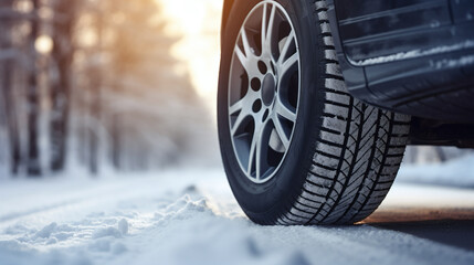 close up detail part of a car with tires in focus in a snowy winter landscape