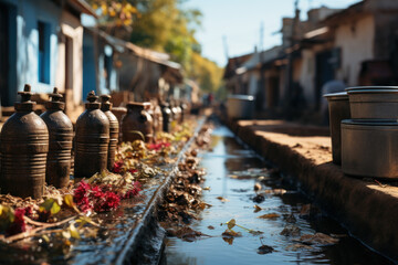 A clean water source with people filling containers, recognizing the link between clean water and preventing malnourishment. Generative Ai.