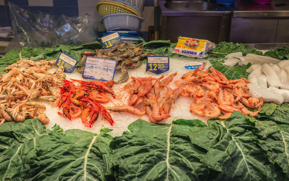 Barcelona, Spain - May 28, 2015: Shrimps for sale on Mercat de Sant Josep de la Boqueria food market in Barcelona
