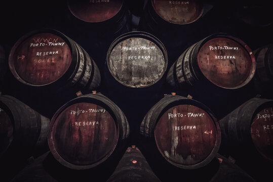 Vila Nova de Gaia, Portugal - November 13, 2017: Casks of Tawny port reserva in Ferreira wine Cellars in Vila Nova de Gaia