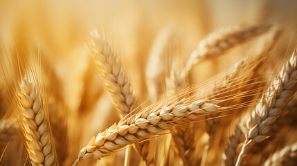 Ears of golden wheat field closeup in nature sunset