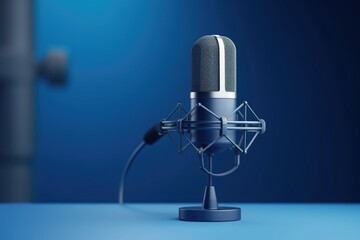 Radio microphone with headphones isolated on blue background. 3d illustration