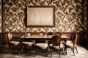 A Canvas Frame for a mockup set against intricately patterned wallpaper, harmonizing with the carved wooden chairs and velvet cushions of an old styled dining room