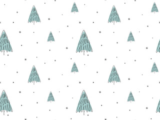 Abstract Doodle Line drawn Christmas trees on white Background. Seamless Winter Holiday Pattern. Snow Xmas pine fir spruce ornament