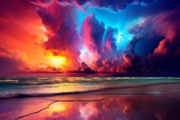 Rolgordijnen A large colorful cumulonimbus clouds over the beach. Surreal seascape. Generative AI © Oleksandr