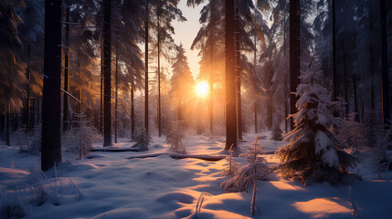Sunset in the forest. Winter season.