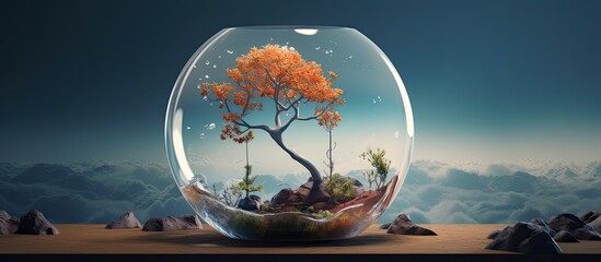 Existence on the red planet Planet Earth contained within a transparent container Three dimensional artwork Blossoming of a plant on a towering trunk Image editing Desiring a fresh habitat  - obrazy, fototapety, plakaty