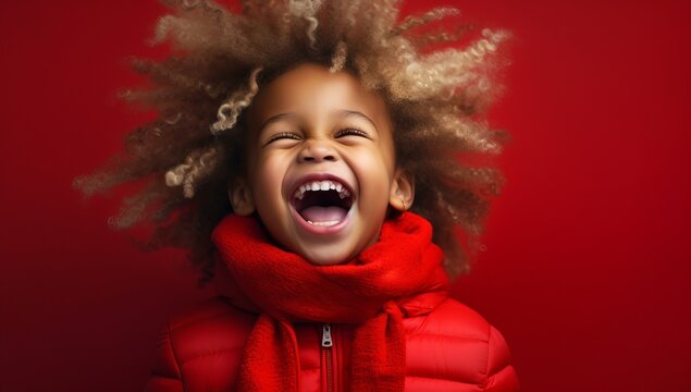 A joyful young African child in a red winter coat, laughing on a vibrant red background.  Perfect for children's fashion or marketing that emphasizes joy and warmth.