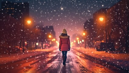 Fototapeta na wymiar Solitary figure walking on a snowy city street, evoking winter solitude and urban life.