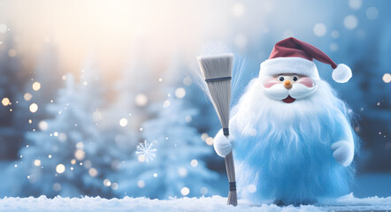 White and Blue Santa Claus with Broom in Bokeh Panorama.