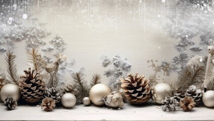 Fototapeta na wymiar Elegant winter garland with pinecones and pearls on a snowy background, perfect for chic holiday decor. suitable for sophisticated holiday decoration themes, event invitations