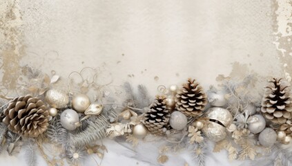 Elegant winter garland with pinecones and pearls on a snowy background, perfect for chic holiday...