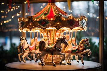 Fototapeta na wymiar Whimsical Holiday Carousel Adorned with Festive Lights and Enchanting Animal Figures.
