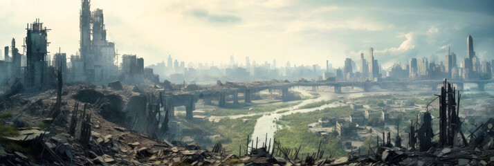 Landscape of destructions and buildings ruins, panoramic view of destroyed city during war. Deserted panorama of rubbles and smoke. Concept of Middle East, wasteland, apocalypse - obrazy, fototapety, plakaty