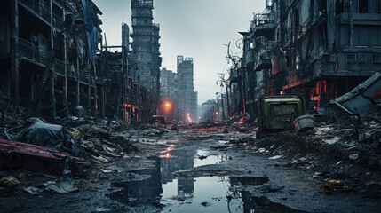 Post apocalypses in city, ruined buildings on gloomy destroyed street  - obrazy, fototapety, plakaty