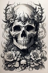 A skull with thorny crown and flowers