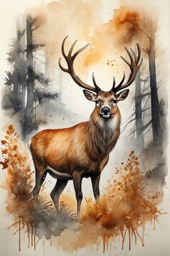 Watercolour painting of majestic stag deer in a forest in autumn time