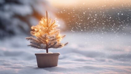 A glowing tree in a pot set against a snowy backdrop, embodying the serene essence of winter. Ideal for holiday greeting cards, seasonal marketing materials, or winter-themed decor.