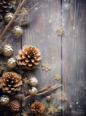 Festive pine cones and baubles on a wooden backdrop with snowflakes, perfect for seasonal decoration themes. Suitable for Christmas decor, holiday-themed articles, or craft inspiration content.