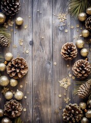 Festive pine cones and baubles on a wooden backdrop with snowflakes, perfect for seasonal decoration themes. Suitable for Christmas decor, holiday-themed articles, or craft inspiration content.