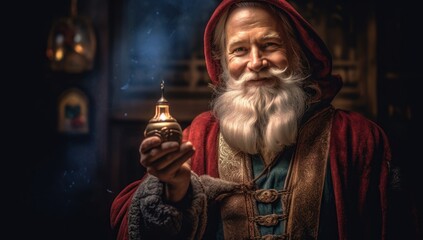 Obraz na płótnie Canvas Traditional Santa Claus holding a present with a warm, cozy holiday backdrop.Ideal for Christmas themed storytelling, seasonal advertisements, and holiday decor.